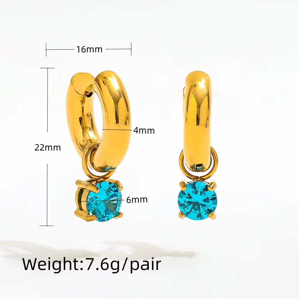 Gold hoop earrings with blue gemstones, shown with measurements and weight information on a white background.