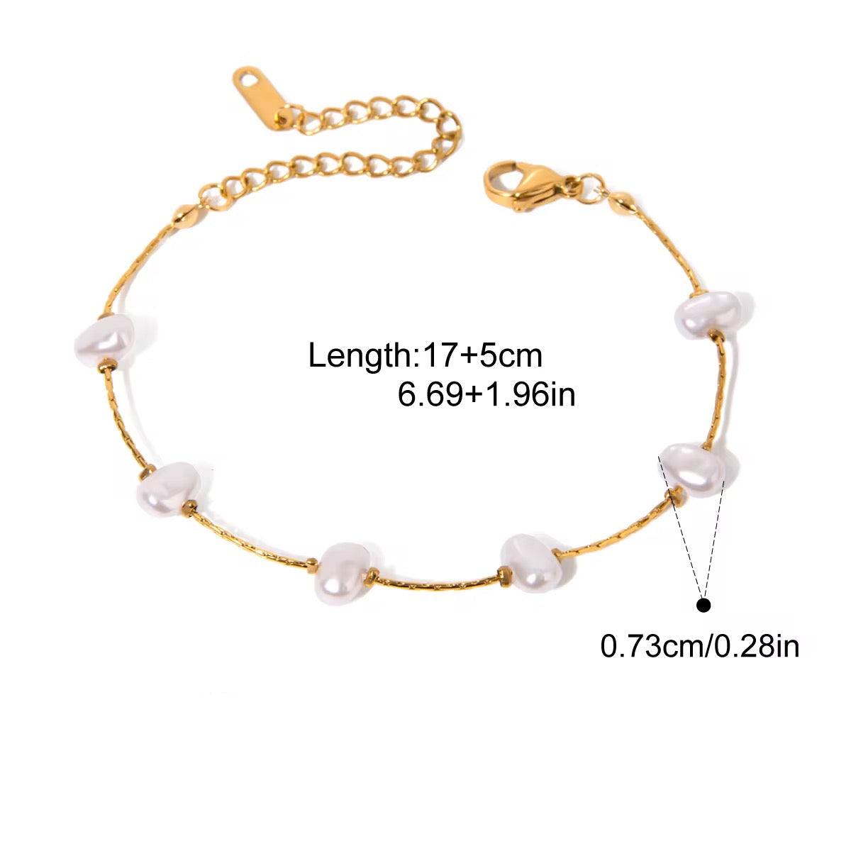 Gold bracelet with pearls on a white background, showing measurements and product details.