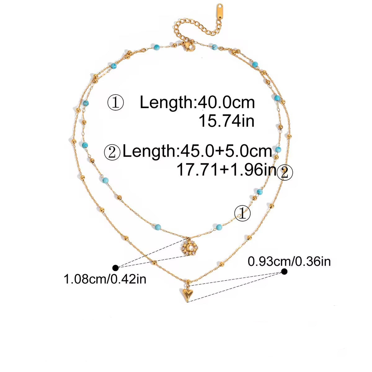 Gold necklace with turquoise stones and specifications on a white background