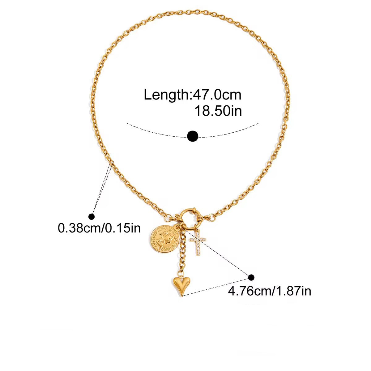 Gold bracelet with charms and measurement details on a white background