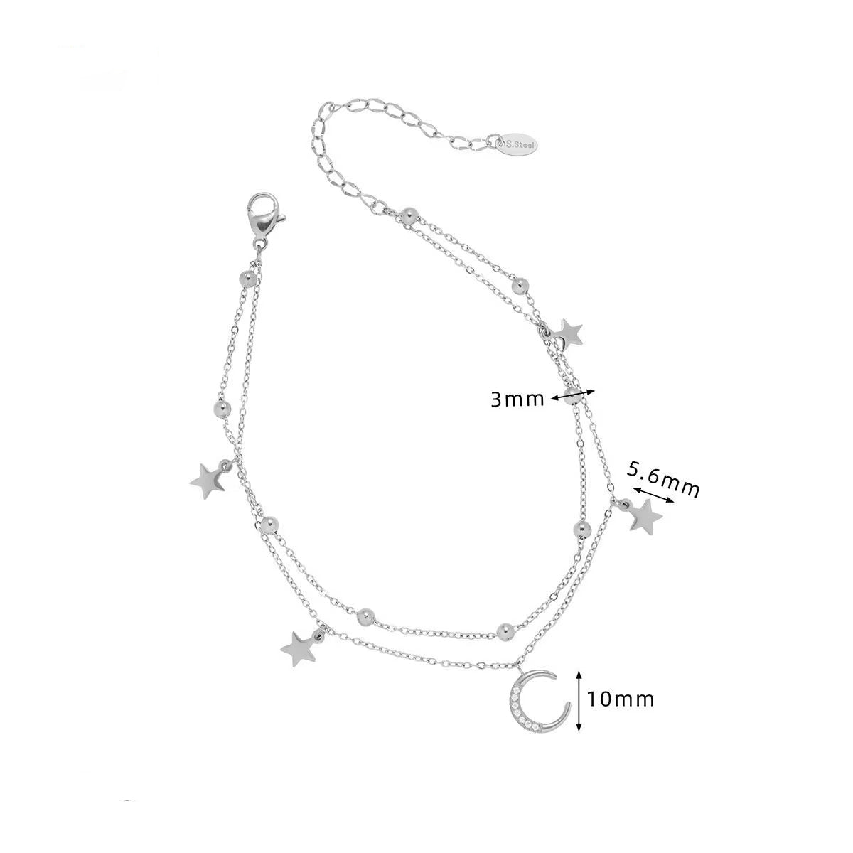 Silver anklet with star and letter 'C' charms on a white background