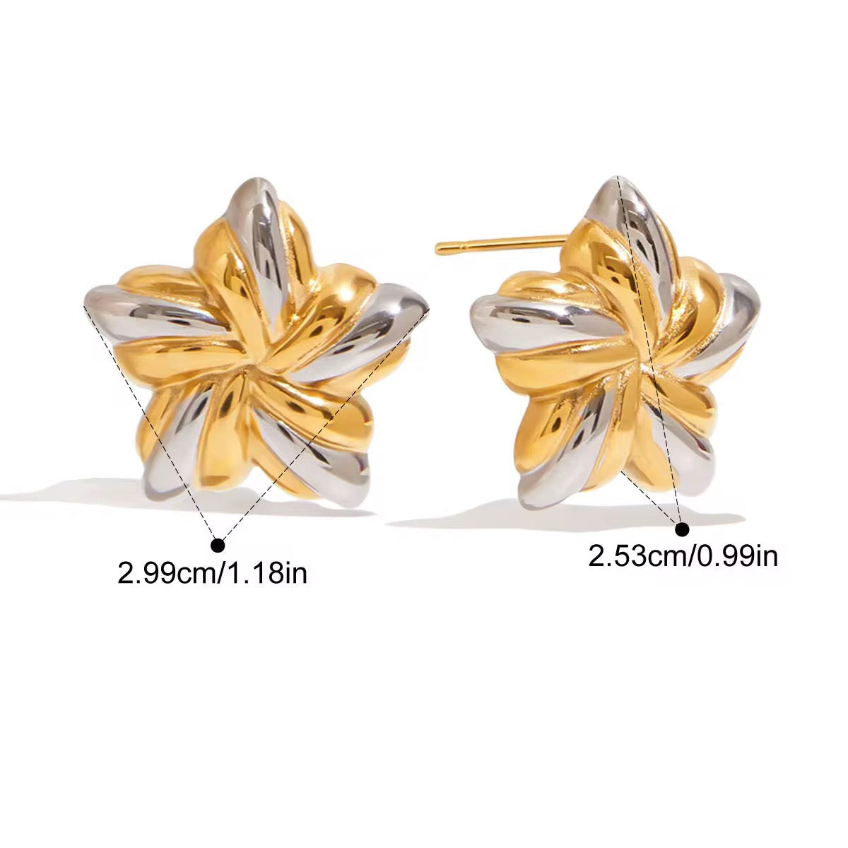 Pair of gold and silver earrings with measurements and product details on a white background
