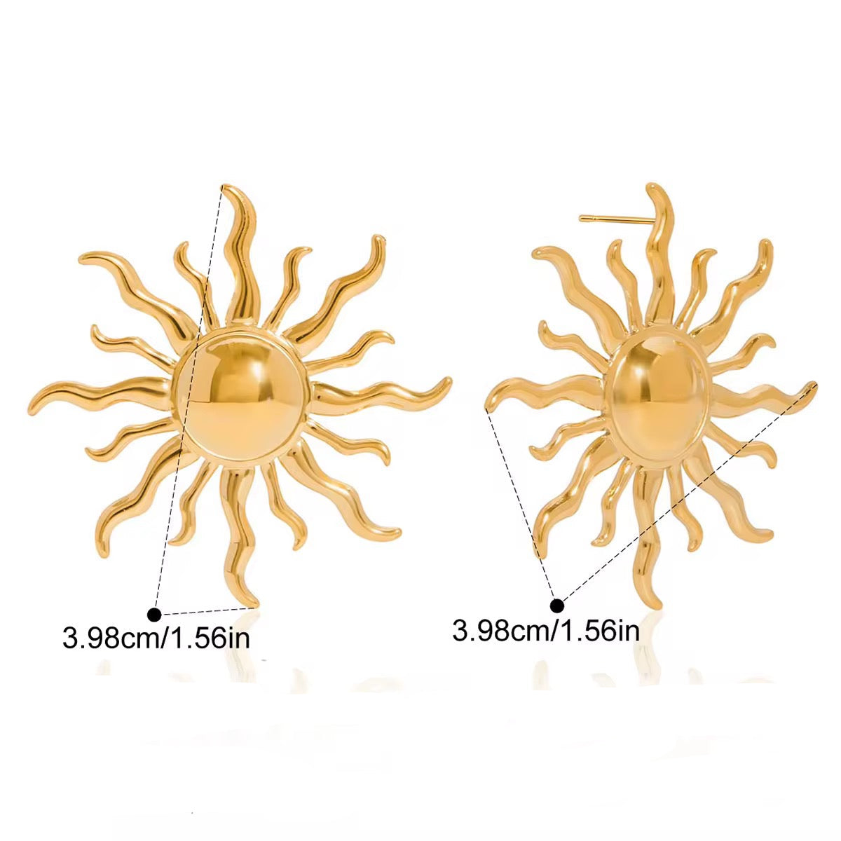 Gold sun-shaped earrings with measurements and material details on a white background