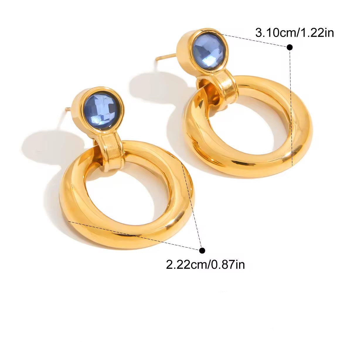 Gold hoop earrings with blue gemstones and measurement details on a white background