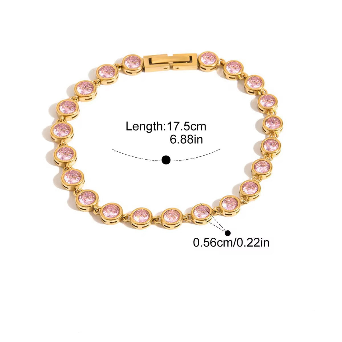 Gold bracelet with pink stones and measurements on a white background