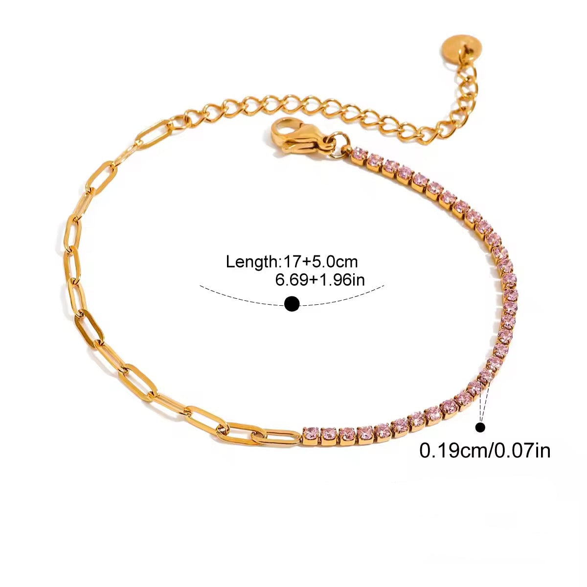Gold and pink bracelet with measurement details on a white background