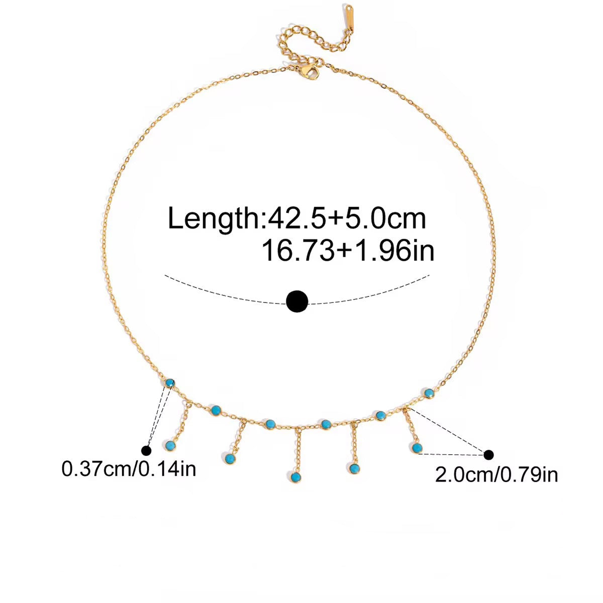Gold necklace with blue beads and measurement details on a white background