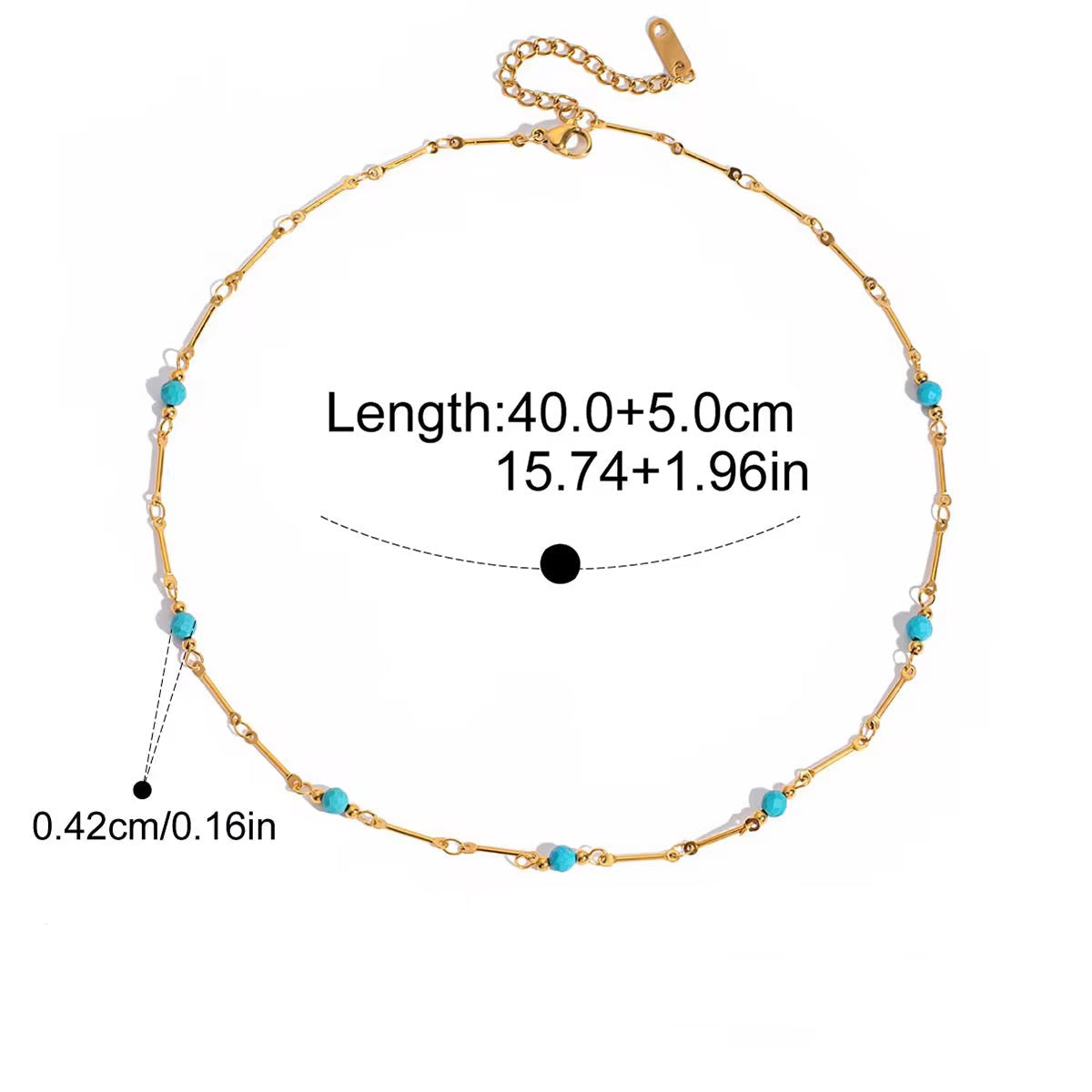 Gold necklace with blue beads and measurement details on a white background