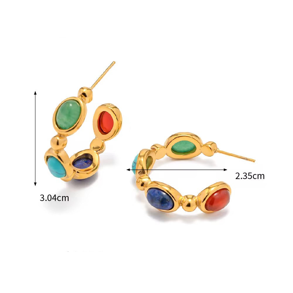 Gold hoop earrings with colorful stones and measurements on a white background