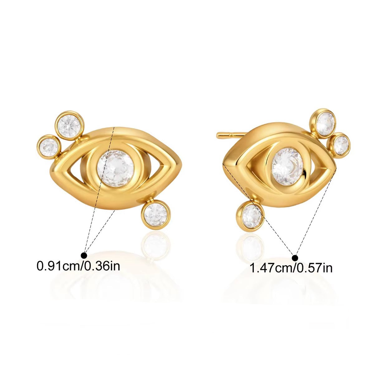 Gold eye-shaped stud earrings with clear crystal gemstones, shown from front and side views with dimensions, weight, and material details on a white background.