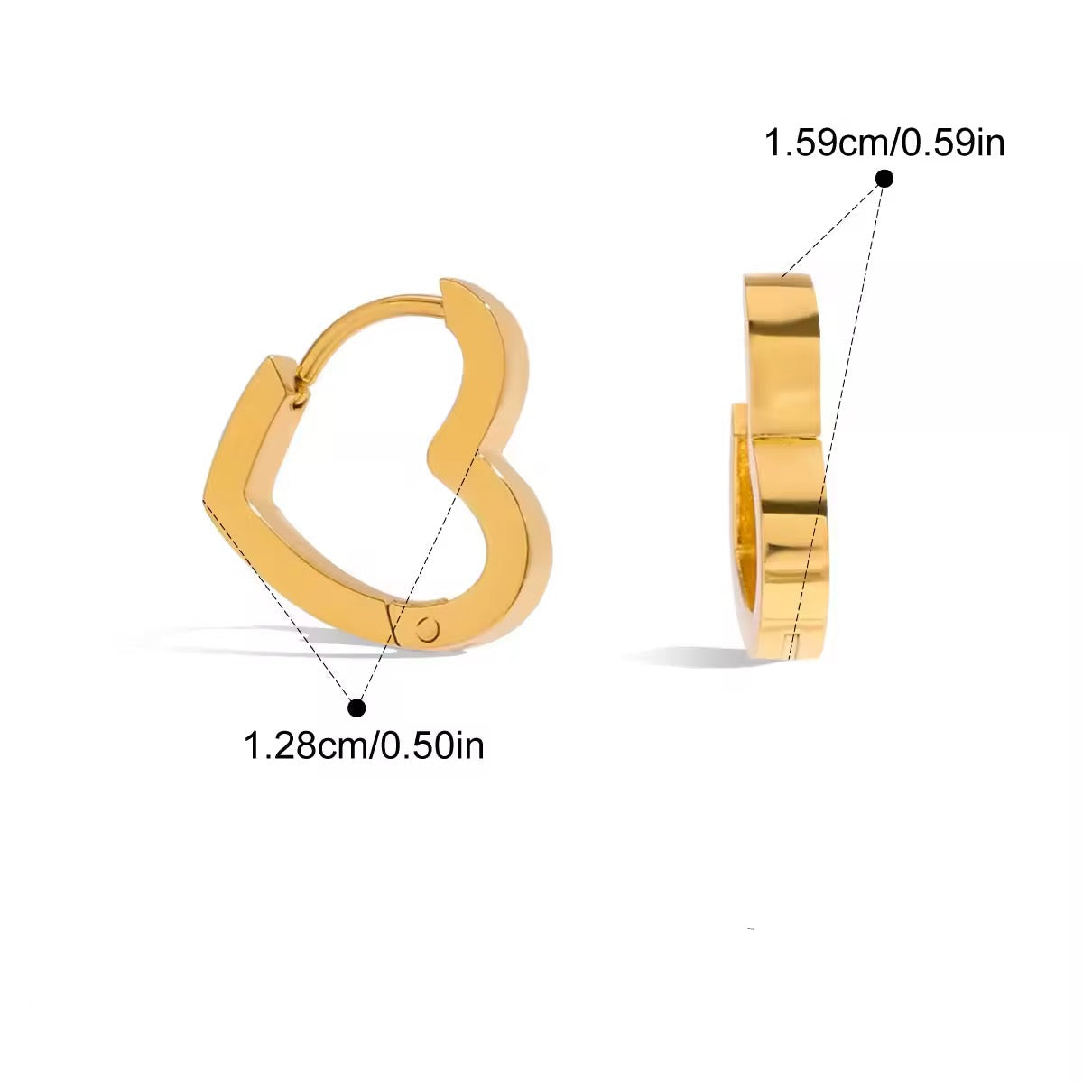 Gold hoop earrings heart shape with measurements and product details on a white background