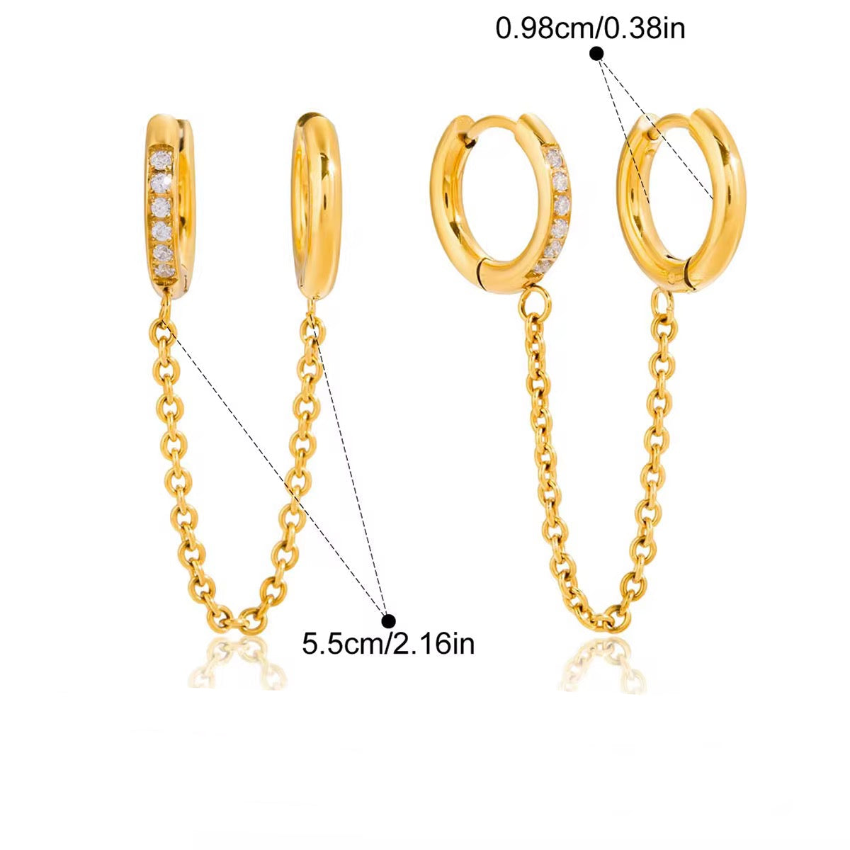 Gold hoop earrings with chains, showing measurements and material details on a white background.