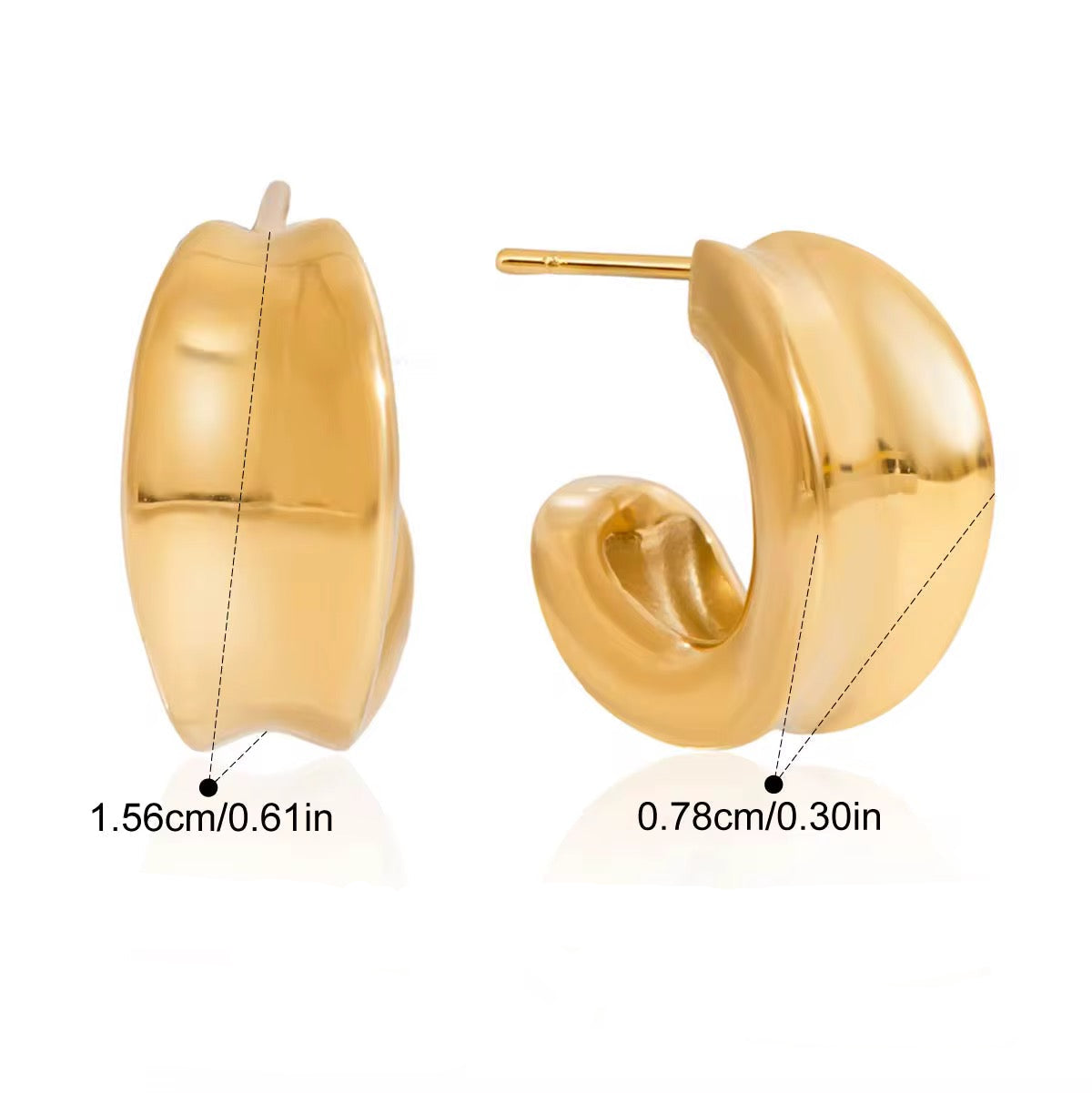 Gold hoop earrings with measurements and product details on a white background