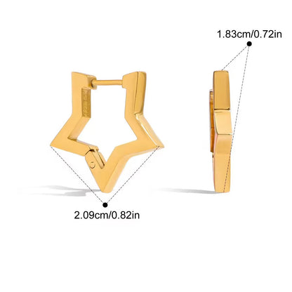 Gold hoop earring star shaped with measurements and product details on a white background