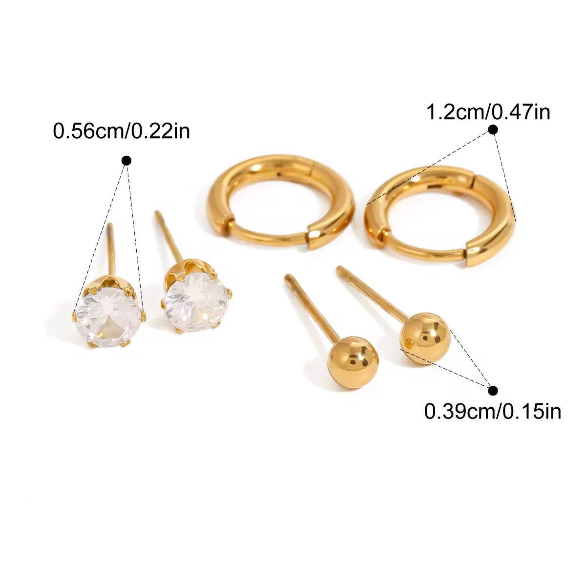 Gold hoop and stud earrings with measurements and product details on a white background