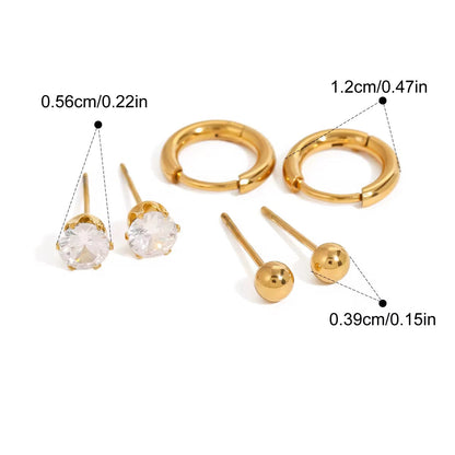 Gold hoop and stud earrings with measurements and product details on a white background