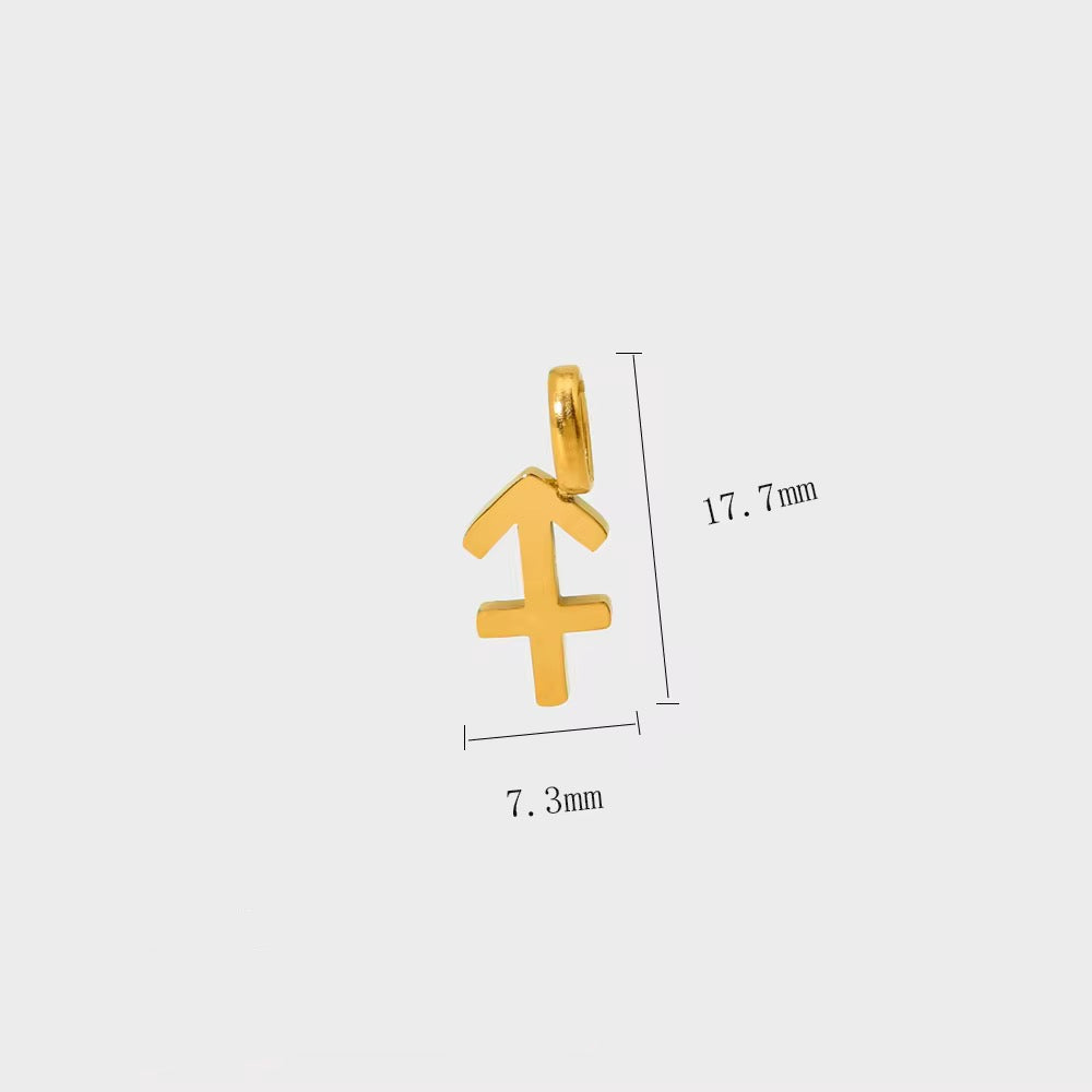 Gold Sagittarius zodiac pendant with measurements and material details on a white background