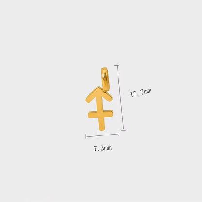 Gold Sagittarius zodiac pendant with measurements and material details on a white background
