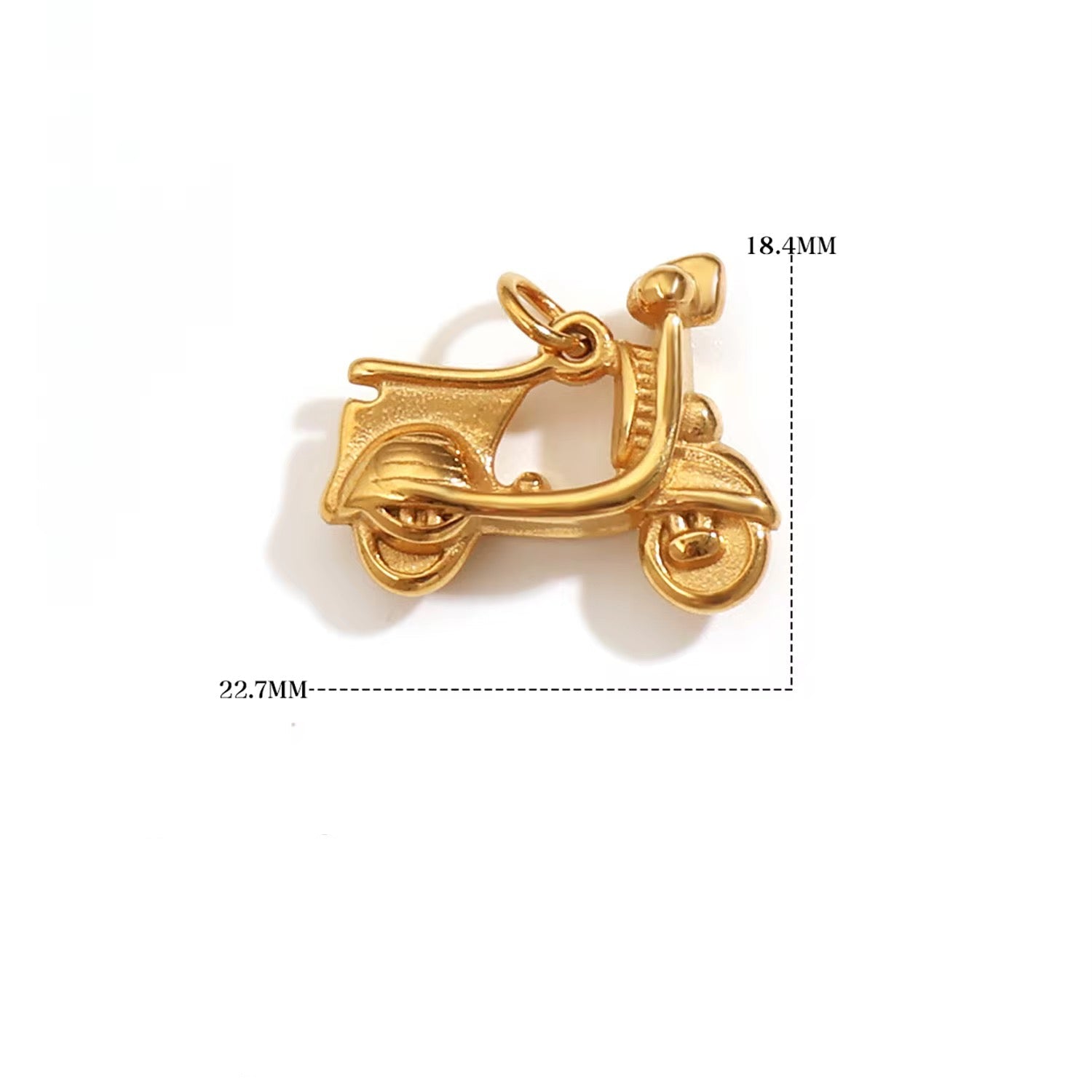 Gold motorcycle pendant with measurements on a white background