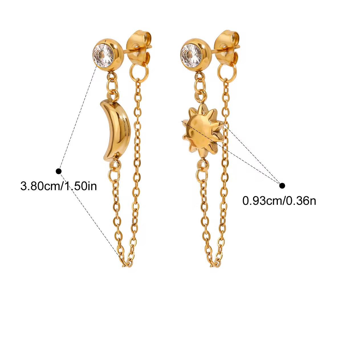 Gold earrings with chain details and measurements on a white background