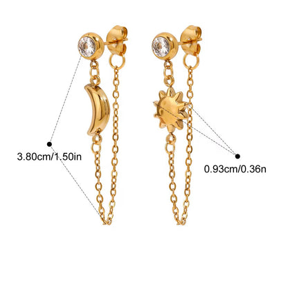 Gold earrings with chain details and measurements on a white background