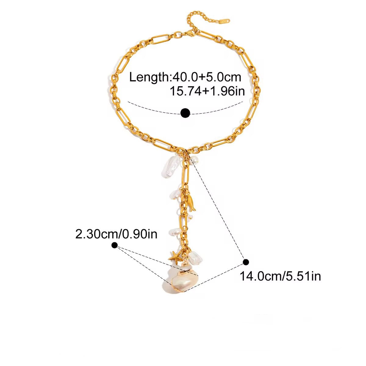 Gold chain necklace with pearl pendants and measurements on a white background