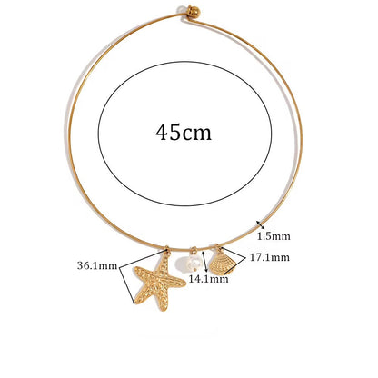 Gold necklace with starfish and shell charms, showing measurements and material details.