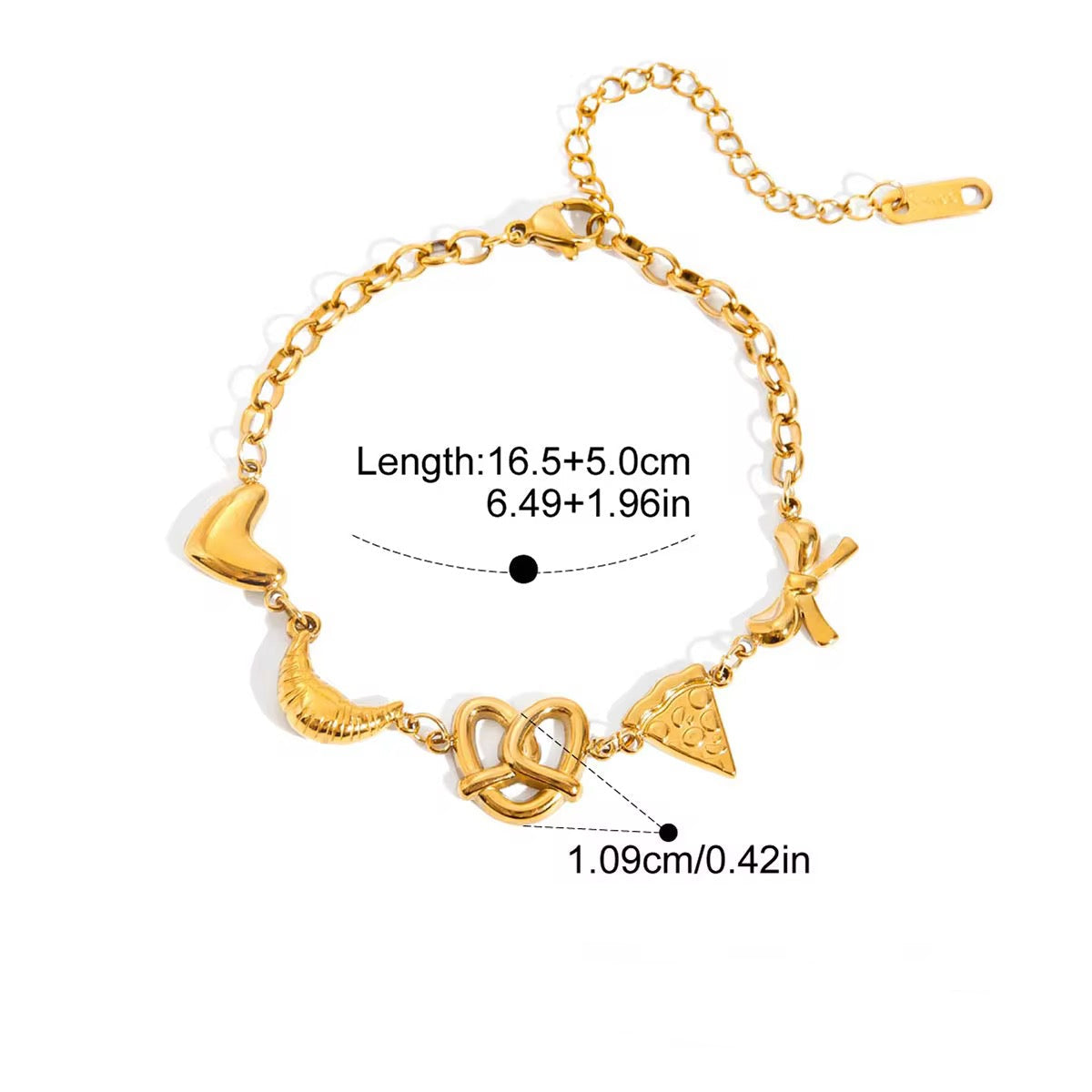 Gold bracelet with croissant heart, pretzel, pizza and bow charms measurements and product details on a white background