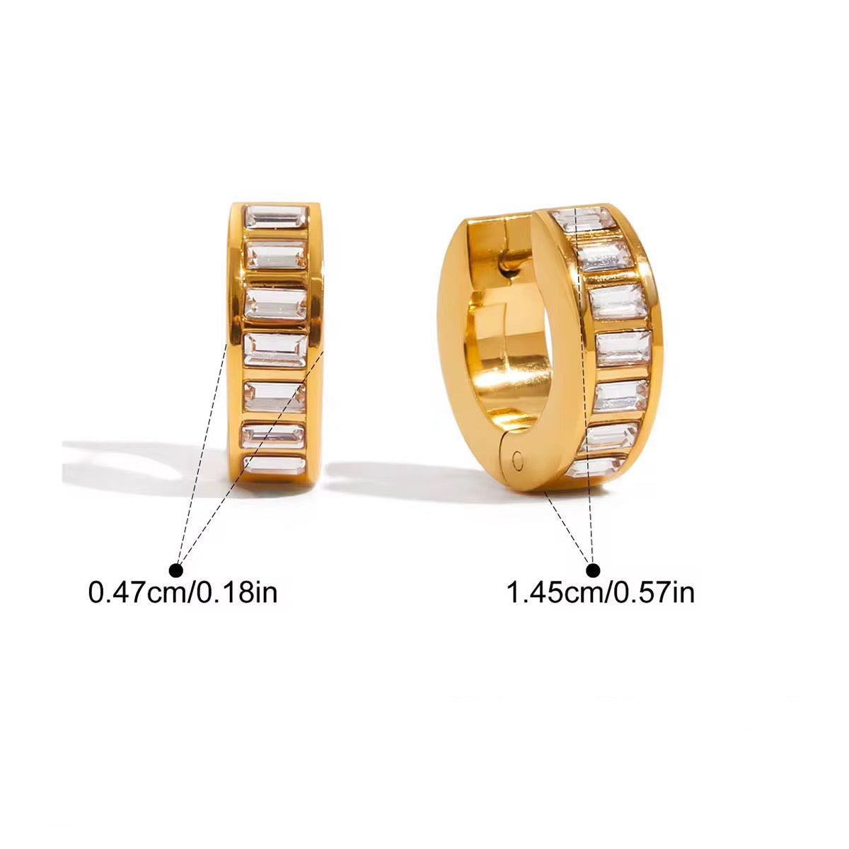 Gold hoop earrings with baguette zircon setting