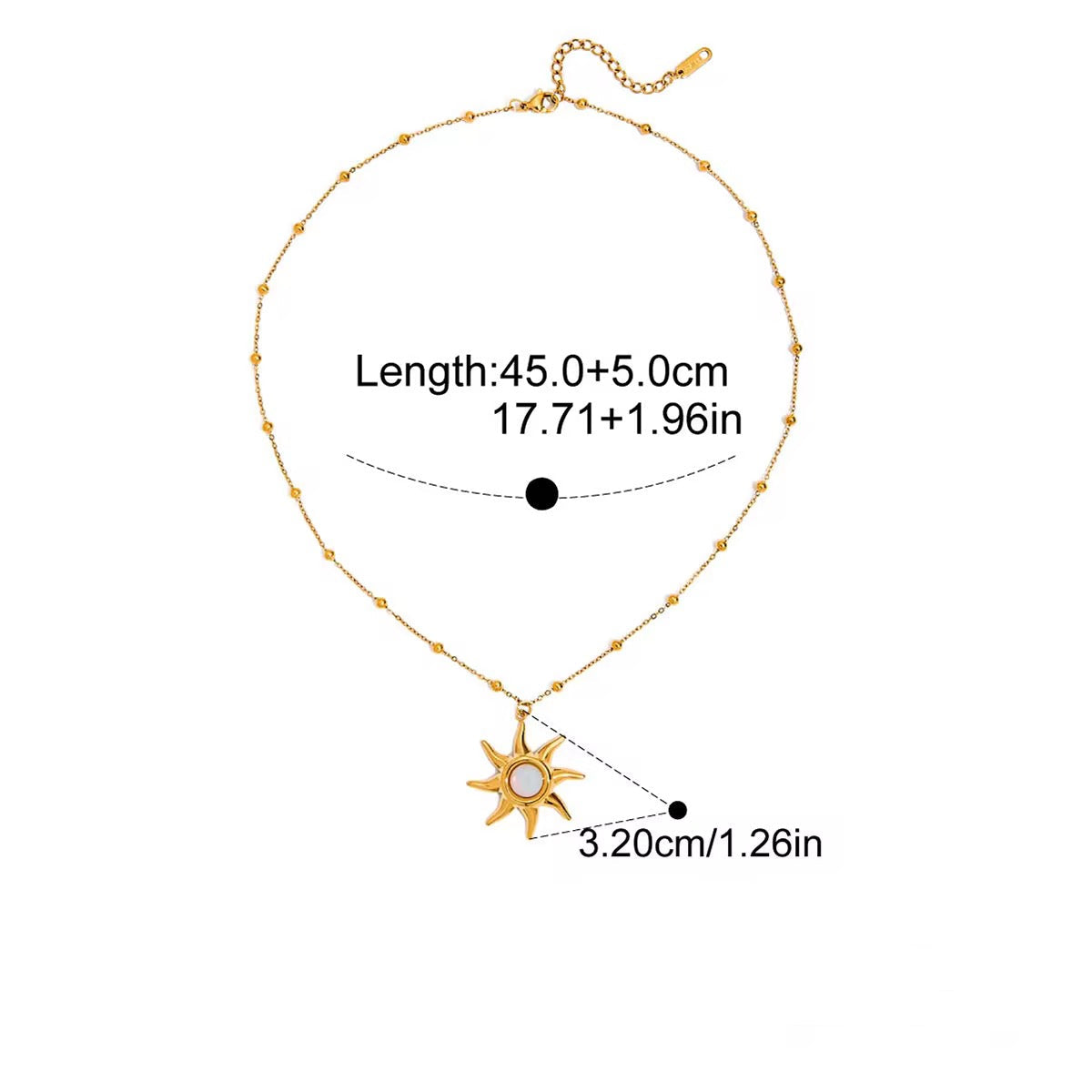 Gold necklace with sun pendant and measurement details on a white background