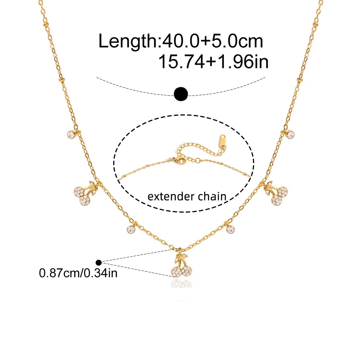 Gold necklace with extender chain, measurements, and material details on a white background