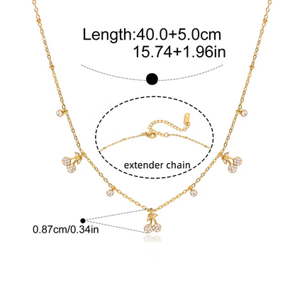 Gold necklace with extender chain, measurements, and material details on a white background