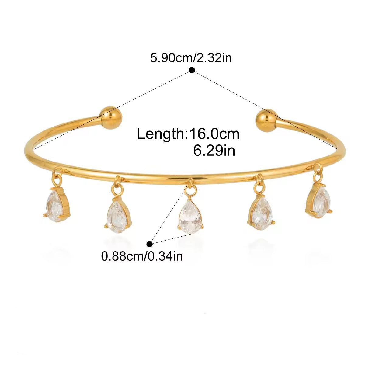 Gold bracelet with teardrop-shaped charms and measurement details on a white background