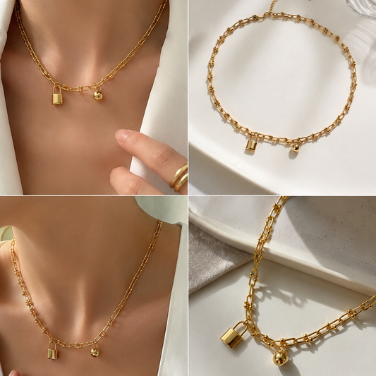 A four-panel collage showing a gold-toned delicate chain necklace with small padlock and bead charms, worn on a model's neck in one panel, and displayed on a white surface in the other three panels.
